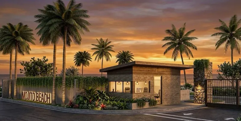 Illustrative rendering of a gatehouse, stone pillar and gate with a Mojito Beach sign at sunset