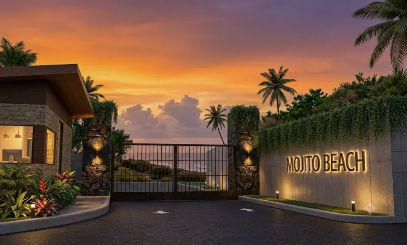 Illustrative rendering of a gated entrance with a gatehouse and a lit Mojito Beach sign at sunset